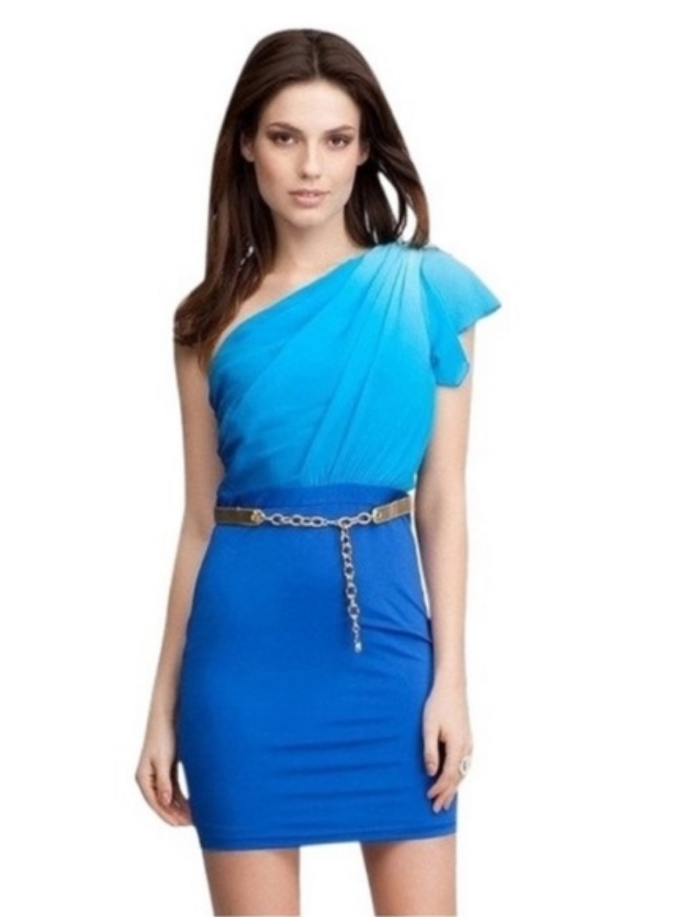 Bebe One-Shoulder Off the Shoulder Bodycon Lined Blue Ombre Cocktail Dress XS
